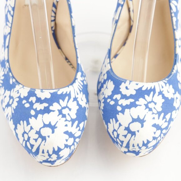 LK Bennett Women Clemmie Pump Size 38.5 8.5 Blue White Floral Slingback Platform - Picture 3 of 16